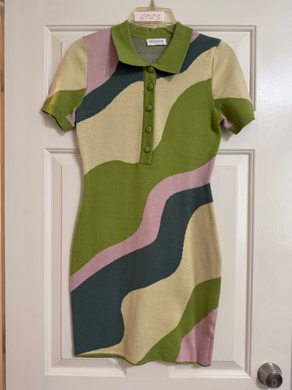 vestique Wave Pattern Knit Polo Mini Dress in Green, Cream & Pink